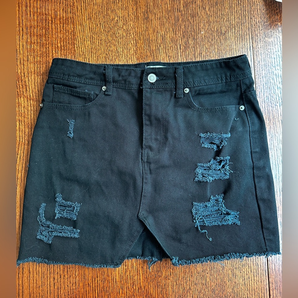 Black Distressed Mini Denim Skirt